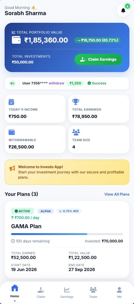 Investo App dashboard showing portfolio value, today's income, and active investment plans